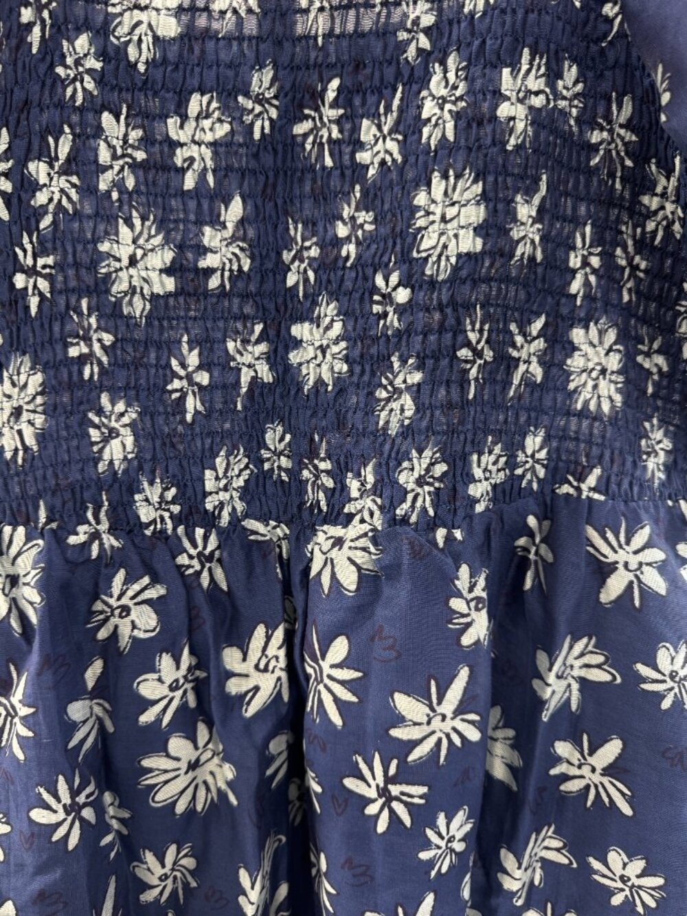 THML Navy White Floral Smocked Puff Sleeve Cottagecore linen blend Midi Dress - Picture 4 of 16